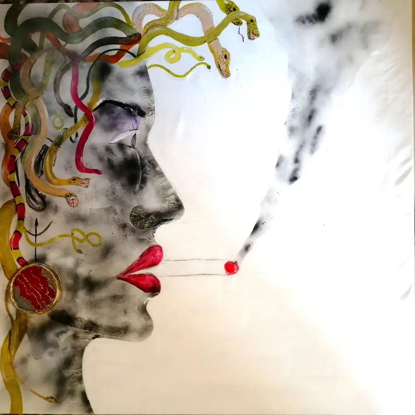 Donna che fuma (Rauchende Frau), Mischtechnik-Gemälde von Federico Carminati, 2024