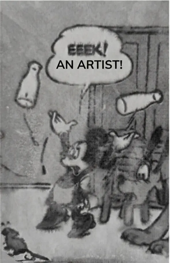 Vignette d’époque : Minnie, effrayée, crie « Eeek! An artist! » à la vue d’un rat