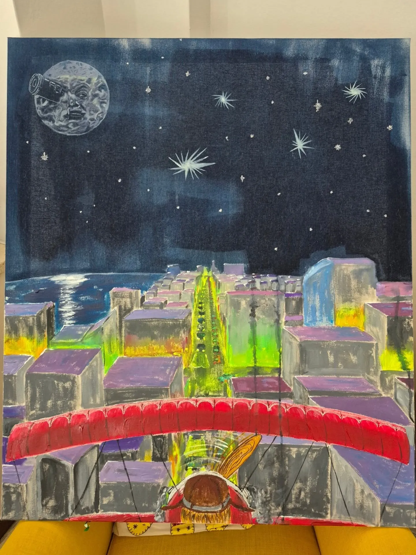 Ostalgie part III, nächtliche Stadt in Acryl und Cyanotypie auf Leinwand von Federico Carminati, 2025