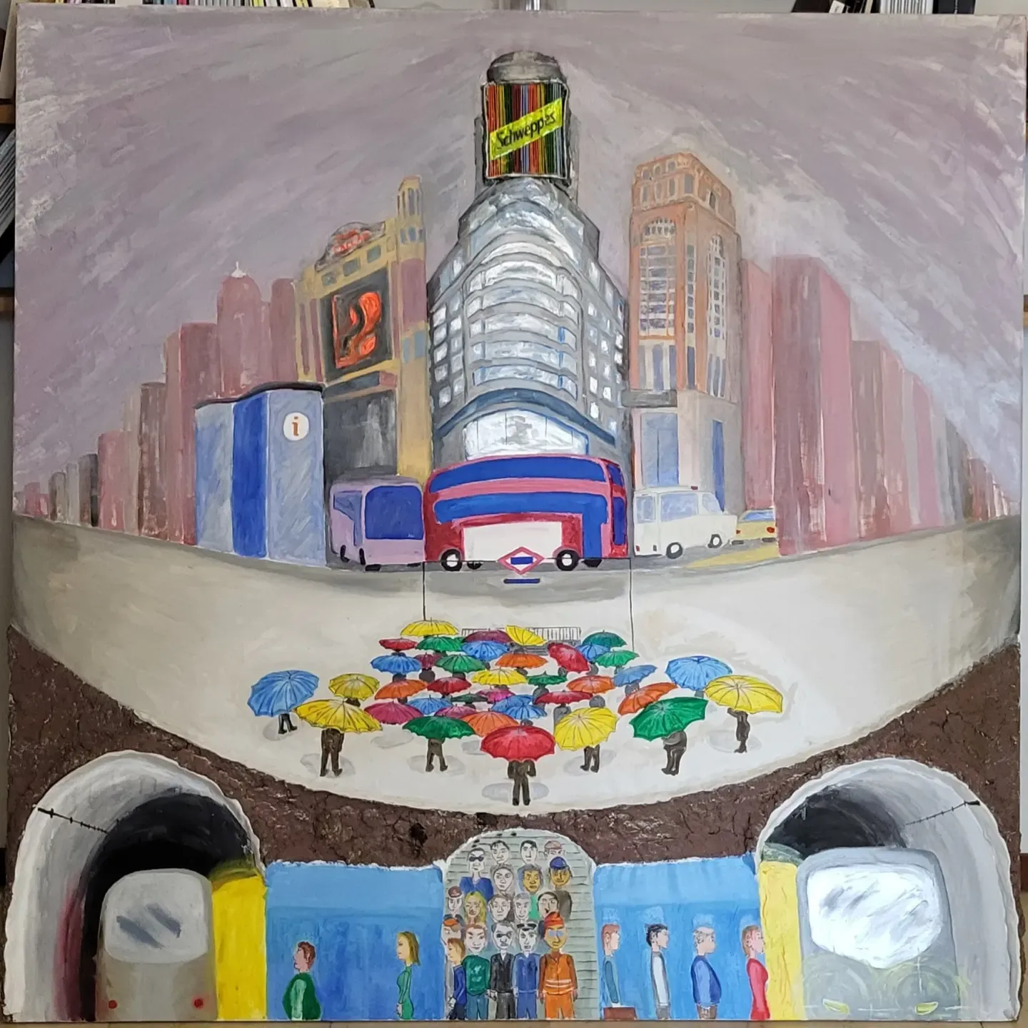 Panta rei — Fughe metropolitane, Öl auf Leinwand und Pappmaché von Federico Carminati, 2023